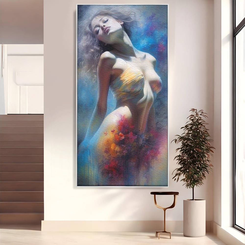 Tablou canvas cu tablou canvas cu femeie si flori, in rama de aluminiu argintiu